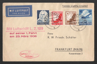 1936 (23 Mar) Germany, Hindenburg airship airmail cover from Friedrichshafen to Fankfurt, German flight 'FN-Lowental - FN-Lowental' (Sieger 402 A)