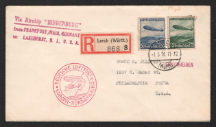 1936 (1 May) Germany, Hindenburg airship Registered airmail cover from Lorch to Philadelphia (United States), 1st flight to North America 'Frankfurt - Lakehurst' (Sieger 406 H, CV $50)