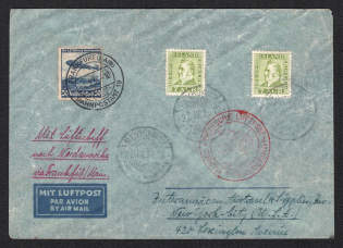 1936 (27 Apr- 4 May) Iceland - Germany, Hindenburg airship airmail Mixed Franked cover from Reykjavik to New York (United States) via Frankfurt, 1st flight to North America 'Frankfurt - Lakehurst' (Sieger 406 D)