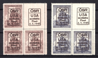 1945 Plzen, Czechoslovakia, Local Revolutionary Overprints 'CSR USA Osvobodila Plzen 6. 5. 1945', Blocks of Four