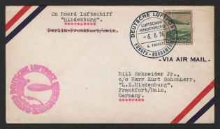 1936 (6 Aug 2nd day of flight) Germany, Hindenburg airship airmail cover from Frankfurt, Flight to North America 'Frankfurt - Lakehurst' (Sieger 428 A)
