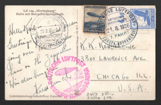1936 (21 Aug) Germany, Hindenburg airship airmail postcard from Frankfurt to Chicago (United States), Flight to North America 'Frankfurt - Lakehurst - Frankfurt' (Sieger 430 D, CV $120)