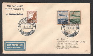 1936 (28 Aug) Germany, Hindenburg airship airmail cover from Frankfurt to Rio de Janeiro (Brazil), Flight to South America 'Frankfurt - Rio de Janeiro' (Sieger 432 A, CV $50)
