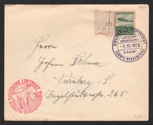1936 (2 Oct) Germany, Hindenburg airship airmail cover from Frankfurt to Nurnberg, Flight to North America 'Frankfurt - Lakehurst - Frankfurt' (Sieger 439 C, CV $120)
