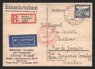 1937 (30 Apr) Germany, Graf Zeppelin airship Registered airmail postcard from Breslau to Rio de Janeiro (Brazil), German flight 'Friedrichshafen - Rio de Janeiro' (Sieger 382 A, CV $130)