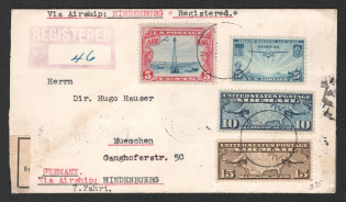 1936 (18 Aug) United States, Hindenburg airship Censored Registered airmail cover from Otsvile to Munich, Flight to North America 'Lakehurst - Frankfurt' (Sieger 431 A)