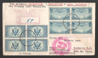 1936 (15 Oct) United States, Hindenburg airship Registered Expres airmail cover from Otsvile to Sao Paulo (Brazil), flight to South America 'Lakehurst - Frankfurt - Rio de Janeiro' (Sieger 442 A)