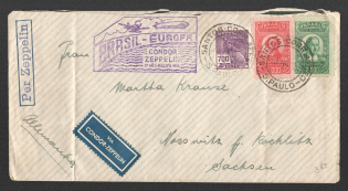 1934 (26 Aug) Brazil, Graf Zeppelin airship airmail cover from Limeira to Leipzig, Flight to South America 'Recife - Sevilla - Friedrichshafen' (Sieger 227 A, CV $60)