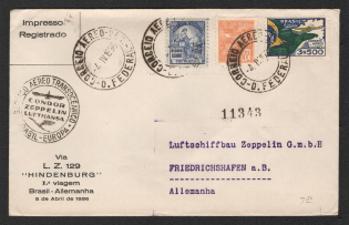 1936 (7 Apr) Brazil, Hindenburg airship airmail cover from Buenos Aires to Friedrichshafen, 1st flight to South America 'Rio de Janeiro - Frankfurt' (Sieger 404, CV $45)