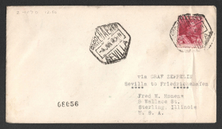 1930 (4 Jun) Spain, Graf Zeppelin airship airmail cover from Sevilla to Sterling (United States), 1st Flight to South America 'Sevilla - Friedrichshafen' (Sieger 58 Ca, CV $50)
