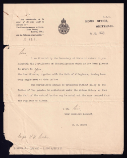 1936 Whitehall, Certificate of Naturalization for Vadim Vladimirovich Saks, Document