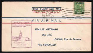 1929 Canal Zone, United States, First Flight Canal Zone - Cartagena via Curacao, Airmail cover, Cristobal - Colon, franked by Mi. 80