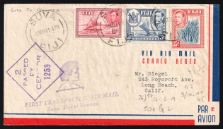 1941 Fiji, British colonies, First Transpacific Flight, Censored Airmail Cover, Suva (Fiji) - Noumea (New Caledonia) - Long Beach (USA), franked by Mi. 94, 98, 100