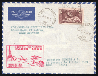 1938 France, First Flight Paris - Nice, Paris - Marseilles, Airmail cover, Le Bourget - Lyon, franked by Mi. 361