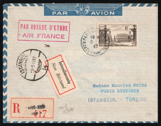 1947 France, First Flight Paris - Istanbul, Registered Airmail cover, franked by Mi. 761