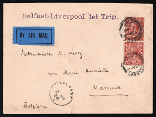 1924 Great Britain, First Flight Belfast - Liverpool, Airmail cover, Belfast - Namur franked by Mi. 2x 156