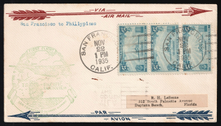 1935 United States, First Flight Airmail cover, San Francisco - Daytona Beach, franked by Mi. 3x 380