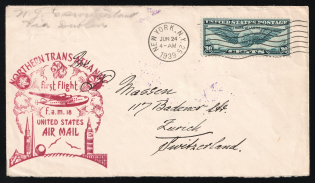 1939 United States, Northern Trans Atlantic First Flight, Airmail cover, New York - Zurich, franked by Mi. 450