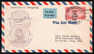 1937 United States, First Flight to Asia, Airmail cover, Honolulu - Hong Kong - Portland, franked by Mi. 401