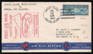 1940 United States, First Flight Canton Island - New Zealand, Airmail cover, Canton Island - Noumea - New Jersey, franked by Mi. 300