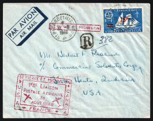 1948 Saint Pierre and Miquelon, French Colonies, First Flight, Registered Airmail cover, Saint Pierre and Miquelon - New York