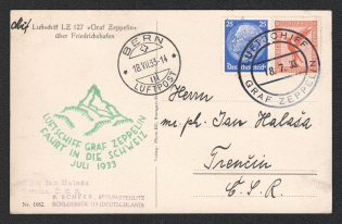 1933 (18 Jul) Germany, Graf Zeppelin airship airmail postcard from Friedrichshafen to Trencin (CSR) Airdrop Bern, Flight to Switzerland 1933 'Friedrichshafen - Friedrichshafen' (Sieger 222 Ab, CV $90)