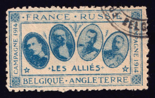 1914 The Allies France, Russia, Belgium, England, Commemorative Vignette Label (Blue, Canceled)