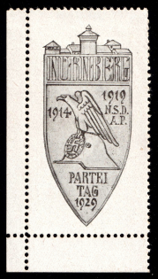 1929 ''NSDAP' Party Day', Swastika, Nurnberg, Weimar Republic, Germany Propaganda, Cinderella, Nazi Germany (Corner Margins, Signed, Rare, MNH)