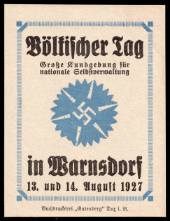 1927 'Big Day. Big Meeting for National Self-Government', Swastika, Warnsdorf, Weimar Republic, Germany Propaganda, Window Sticker, Nazi Germany