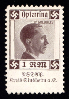 1rm 'Joseph Goebbels', Donation to the 'NSDAP', Swastika, Third Reich Propaganda, Cinderella, Nazi Germany (MNH)