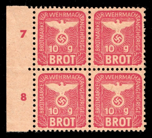 '10 g Bread' Bread Stamp for Members of the Wehrmacht, Swastika, Revenue, Third Reich, Nazi Germany, Block of Four (Margin, Plate Numbers)