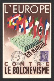 1942 International Exhibition 'Bolshevism against Europe', Paris, France, Anti-Soviet (Bolshevism) Propaganda, Postcard (Special Cancellation)