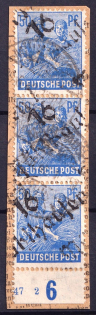 1948 50pf District 16 Erfurt Main Post Office, Emergency Issue on piece, Soviet Russian Zone of Occupation, Germany, Strip (Canceled)