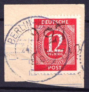 1948 12pf District 27 Leipzig Main Post Office, Leipzig Emergency Issue on piece, Soviet Russian Zone of Occupation, Germany (Berlin Postmark)