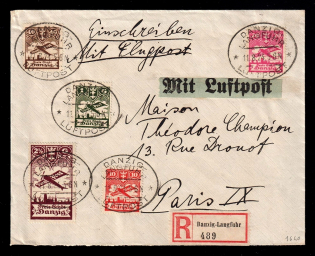 1924 (11 Aug) Danzig, Germany, Registered Airmail Cover from Danzig to Paris (Mi. 202 - 206, Full Set, CV $250)