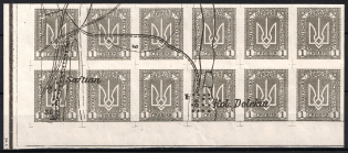 1920 15 hrn Ukrainian Peoples Republic, Corner Block of Twelve (Proofs, Print on Polish Map)
