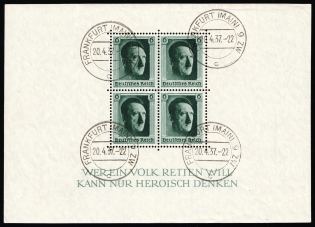 1937 Third Reich, Germany, Souvenir Sheet (Mi. Bl. 7, Frankfurt Postmark)