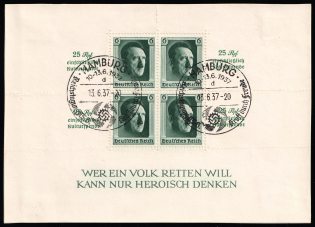 1937 Third Reich, Germany, Souvenir Sheet (Mi. Bl. 9, Special Cancellation HAMBURG, CV $120)