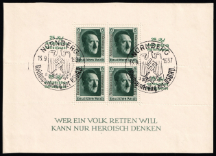 1937 Third Reich, Germany, Souvenir Sheet (Mi. Bl. 11, Special Cancellation NUREMBERG, CV $80)