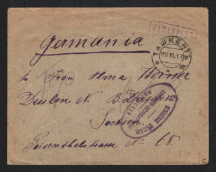 1917 (20 Oct) Russian Empire Civil War, Censored cover from Tashkent (Middle East) to Dresden with two censors postmarks Namangan and Tashkent
