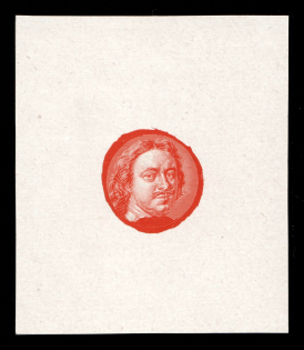 1913 1k Peter the Great, Romanov Tercentenary, Portrait only die proof in dark coral, printed on chalk surfaced thick paper