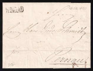 1809 (12 Jun) Russian Empire Pre adhesive cover from Windau (Dobin 1.01, Rarity- 5) to Pernau