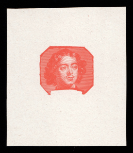 1913 4k Peter the Great, Romanov Tercentenary, Portrait only die proof in dark coral, printed on chalk surfaced thick paper