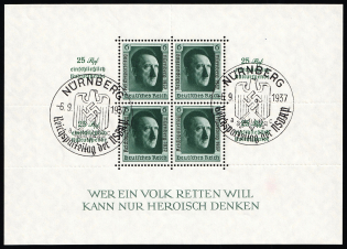 1937 Third Reich, Germany, Souvenir Sheet (Mi. Bl. 11, Special Cancellation NUREMBERG, CV $80)