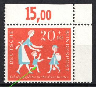 1957 German Federal Republic, Germany (Mi. 251 I, Broken Blue Line on Leg, Corner Margins, Plate Number, Full Set, CV $90, MNH)