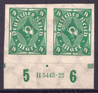 1922-23 4m Weimar Republic, Germany, Pair (Mi. 226 a U HAN, IMPERFORATED, Plate Inscription, CV $80)