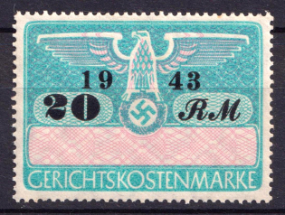1943 20rm Fiscal, Court Cost Stamp, Revenue, Swastika, Third Reich Propaganda, Nazi Germany (MNH)