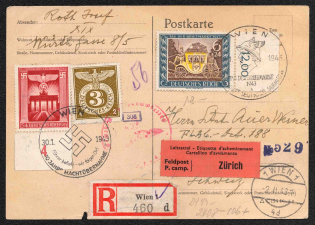 1943 Third Reich, Germany, Military Post, Registered Postcard from Vienna to Zurich (Special Cancellations)