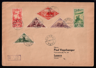 1937 (8 Mar) Tannu Tuva Registered cover from Kizil to Luzern (Switzerland), franked with 1936 5k, 15k, 25k, and airmail 10k, 50k, 75k