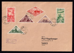 1937 (12 Mar) Tannu Tuva Registered cover from Kizil to Luzern (Switzerland), franked with 1936 5k, 15k, 25k, and airmail 10k, 50k, 75k